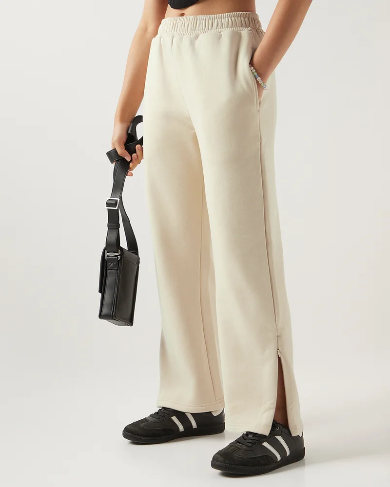 bewakoof Women's Beige Straight Fit Track Pants